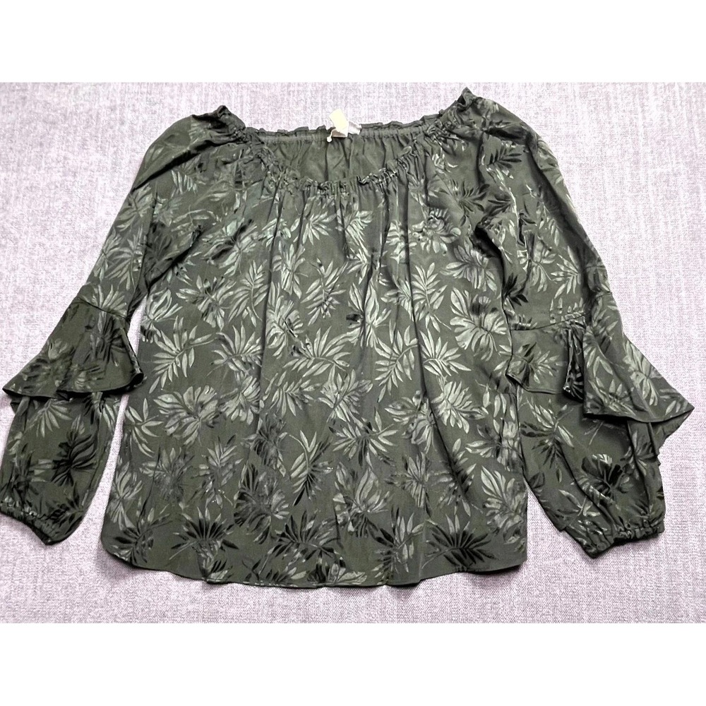Michael Kors Blouse Top Womens Large Olive Green Floral Ruffle Sleeve Boat Neck